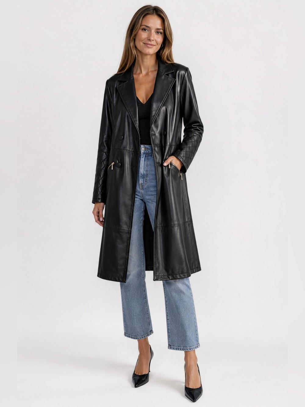 NWT Elie Tahari Dina Faux Leather Trench Coat In Black, Size 10